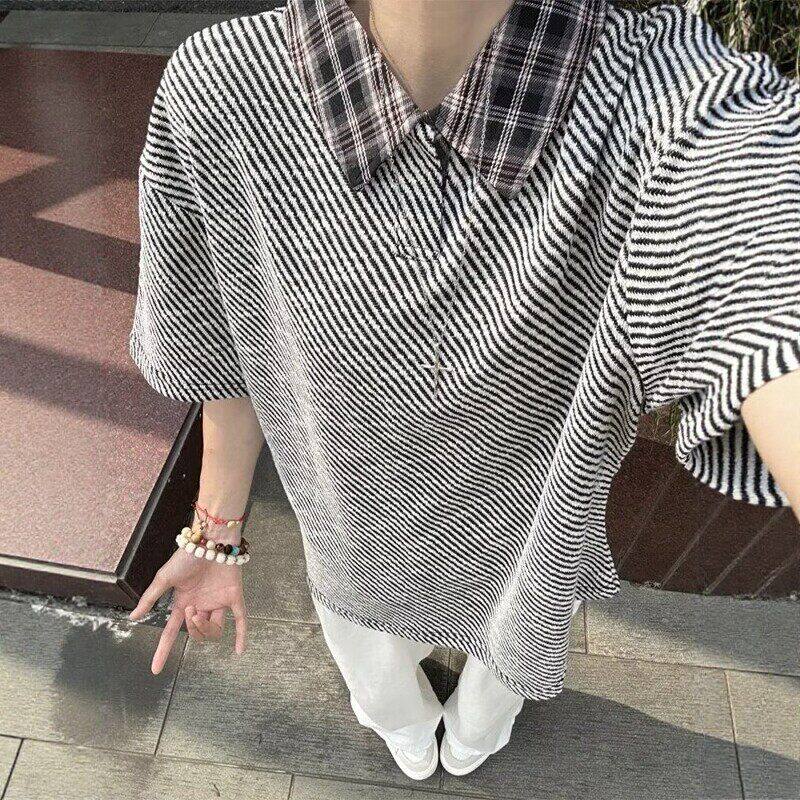 小香风针织polo衫短袖男女夏季格子拼接翻领t恤高级感情侣装半袖