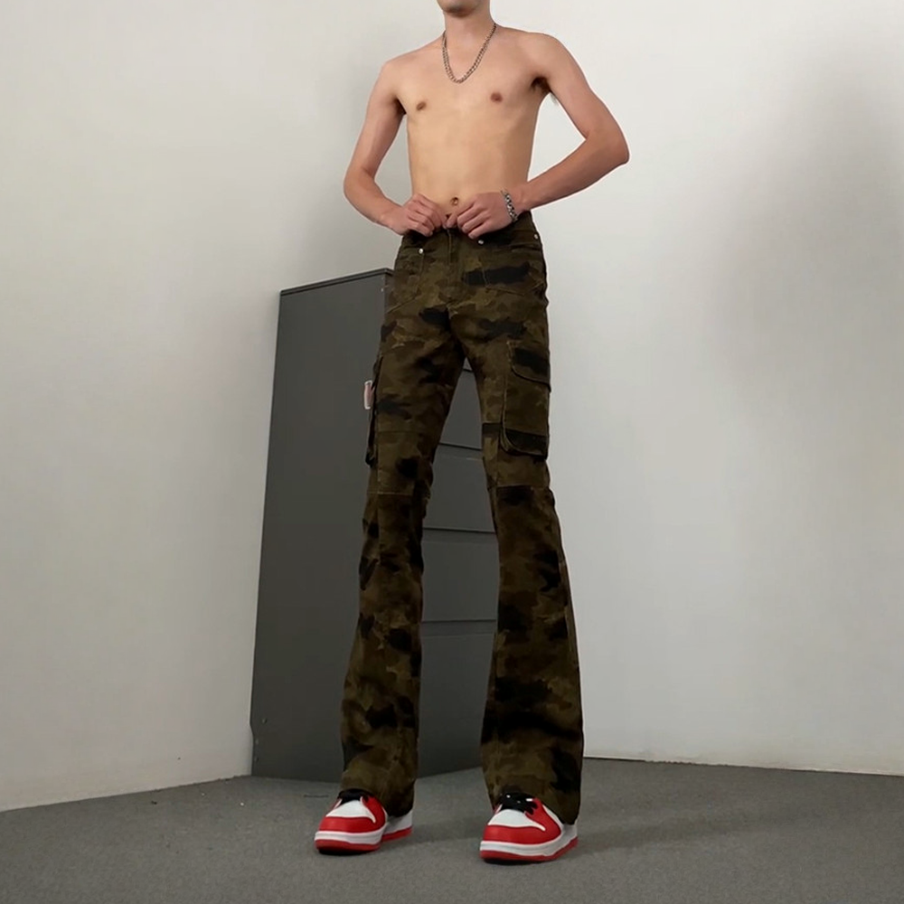 多口袋迷彩工装牛仔裤男女美式高街vibe直筒裤窄版修身微喇弯刀裤