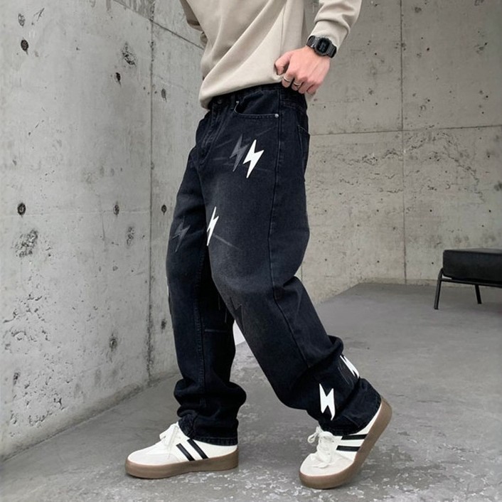 闪电印花牛仔裤男款美式高街vibe裤子潮牌痞帅炸街修身直筒微喇裤