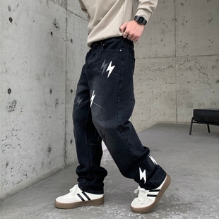 闪电印花牛仔裤男款美式高街vibe裤子潮牌痞帅炸街修身直筒微喇裤