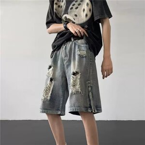 水洗高街刮烂破洞牛仔短裤男夏季