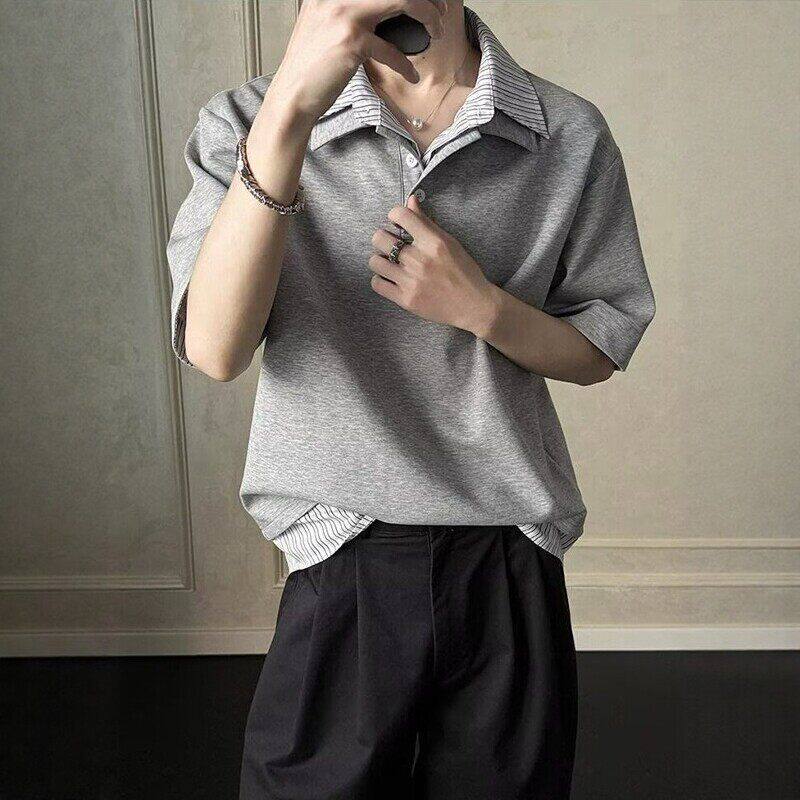 灰色条纹拼接Polo衫男2026夏季