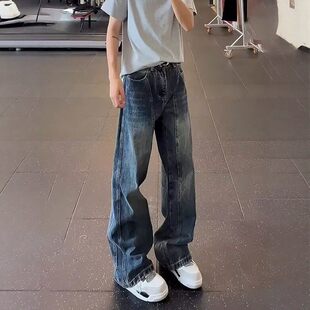 cleanfit复古蓝弯刀牛仔裤男款美式拼接裤子宽松阔腿微喇直筒长裤