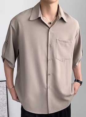 黑色那不勒斯雪纺衬衫男短袖夏季薄款高级垂感七分袖冰丝凉感衬衣