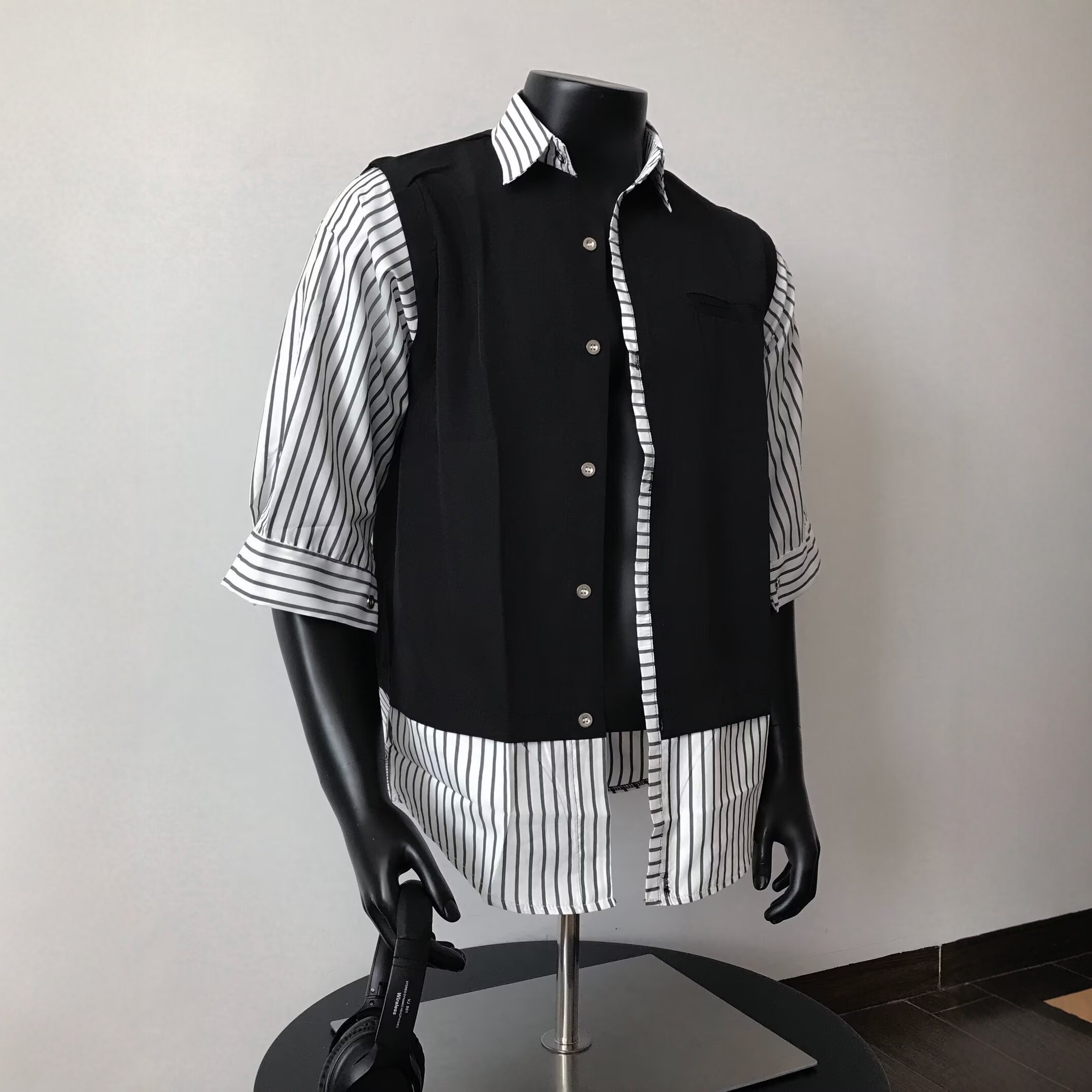 假两件条纹拼接短袖衬衫男士夏季潮流高级感气质休闲时尚半袖衬衣