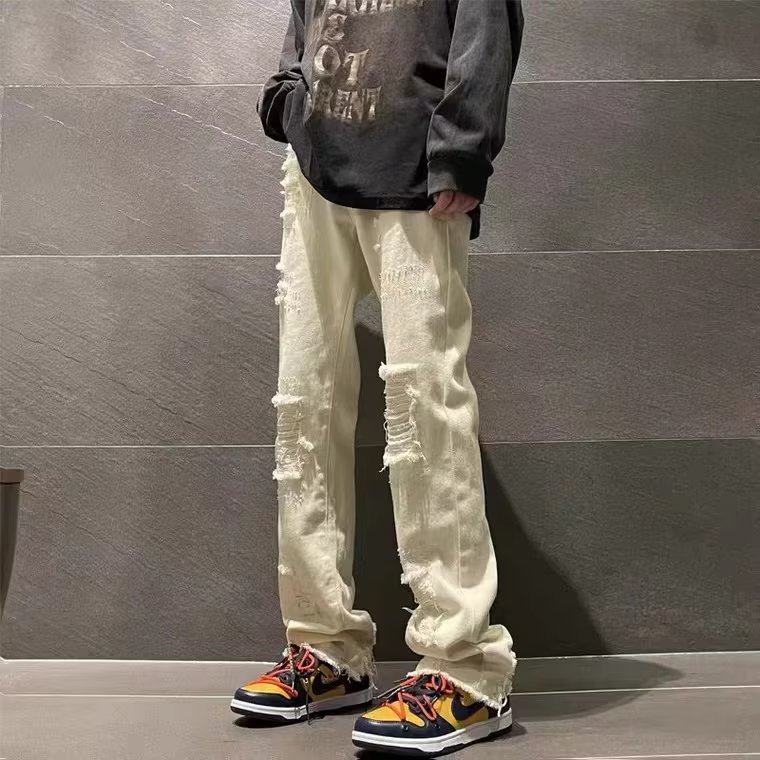 美式vibe风裤子高街江浙沪穿搭黑色破洞牛仔裤男修身直筒微喇叭裤