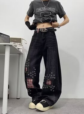 黑色街舞破洞牛仔裤宽松复古补丁阔腿裤格纹贴布设计感弯刀长裤子