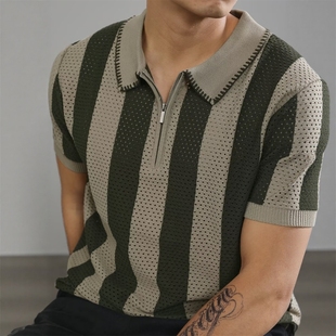 老钱风镂空针织条纹半袖POLO衫男夏季半拉链设计高级感正肩短袖T