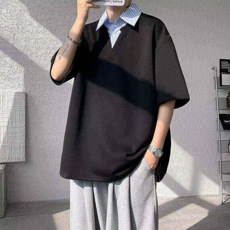 假两件衬衫领短袖男夏季潮牌翻领T恤痞帅潮流宽松半袖休闲polo衫