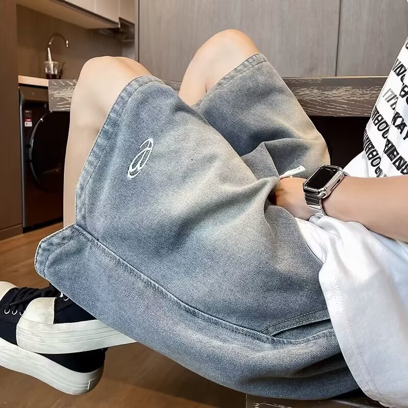 美式复古水洗直筒开衩牛仔短裤男夏季薄款潮牌宽松阔腿五分中裤子