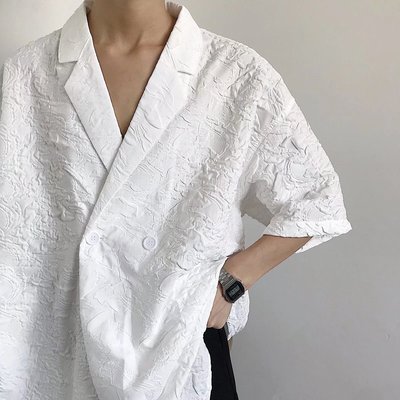 白色压花古巴领衬衫男设计感小众