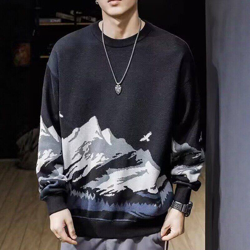 复古山水雪山提花圆领毛衣男生