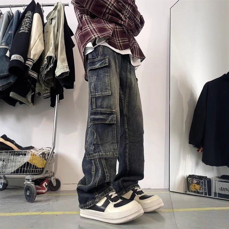 美式机车痞帅牛仔裤子男款2025春季潮牌高街vintage做旧风阔腿裤