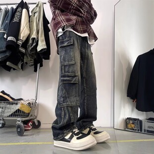 美式机车痞帅牛仔裤子男款2025春季潮牌高街vintage做旧风阔腿裤