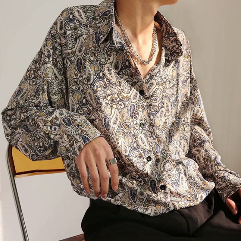 花色复古ins港风长袖印花衬衫男韩版潮流宽松小众设计感衬衣外套