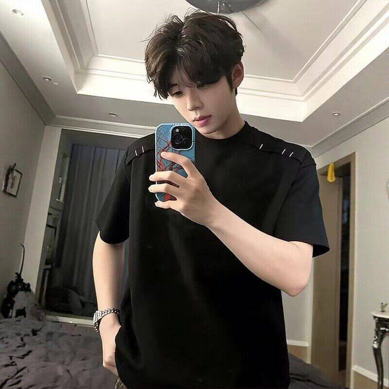 美式解构白灰色正肩短袖t恤男款夏季重磅cleanfit小领口半袖上衣