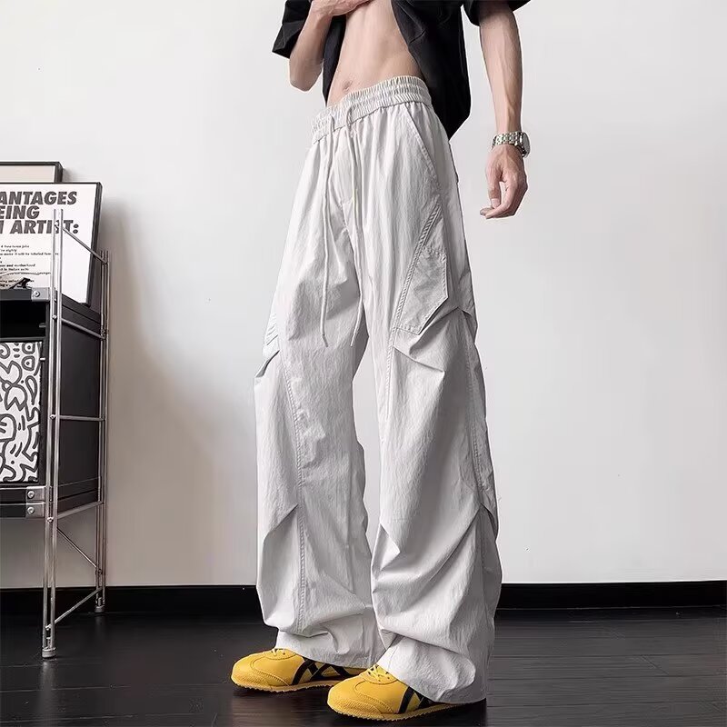 凉感速干工装裤男士夏季薄款美式褶皱伞兵裤潮牌宽松阔腿休闲裤子