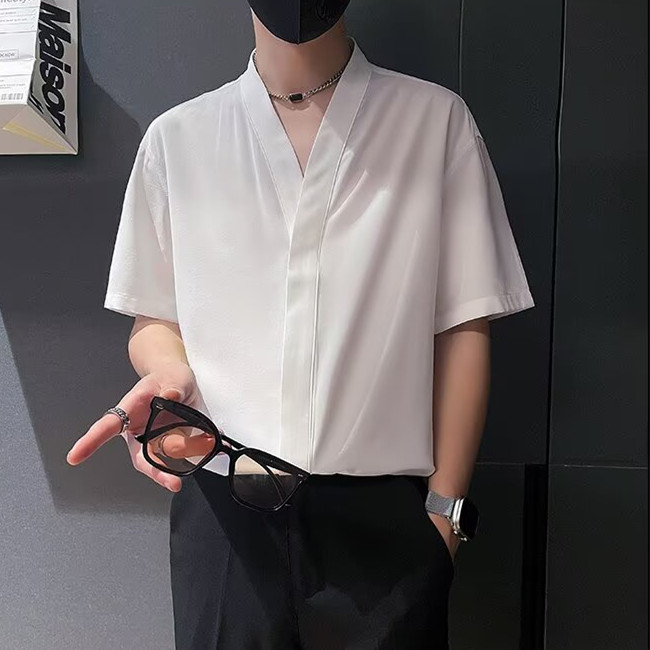 浴袍领短袖衬衫男款夏季冰丝垂感无领衬衣韩版轻熟风男装气质上衣