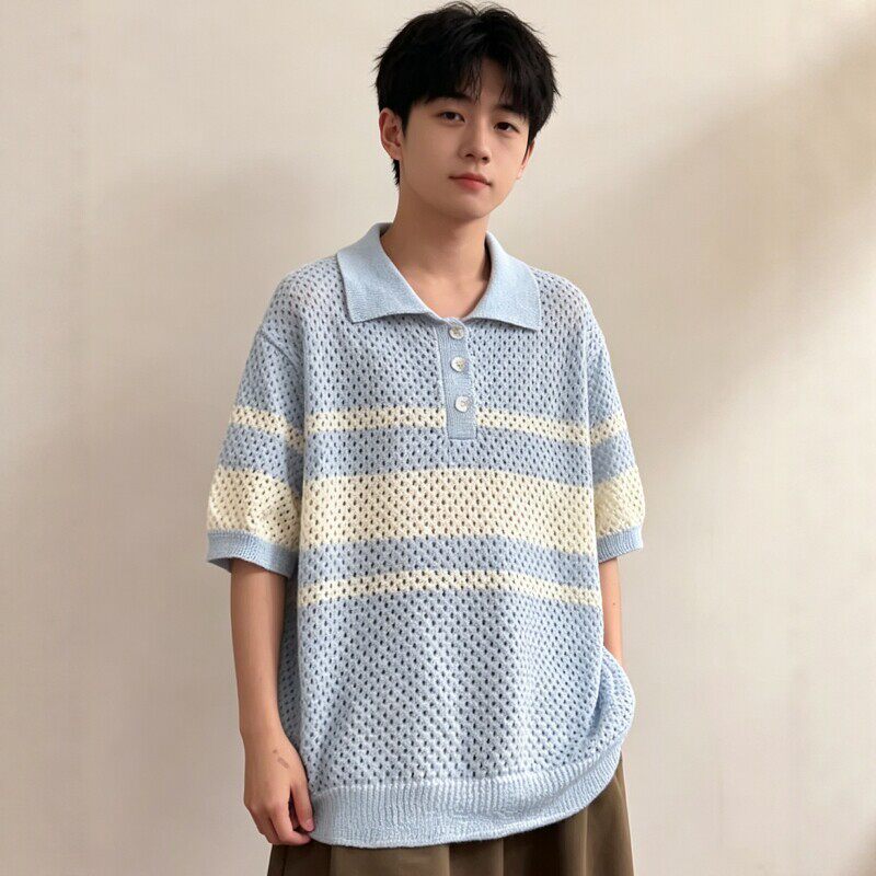 夏季新款蓝白条纹镂空针织polo衫