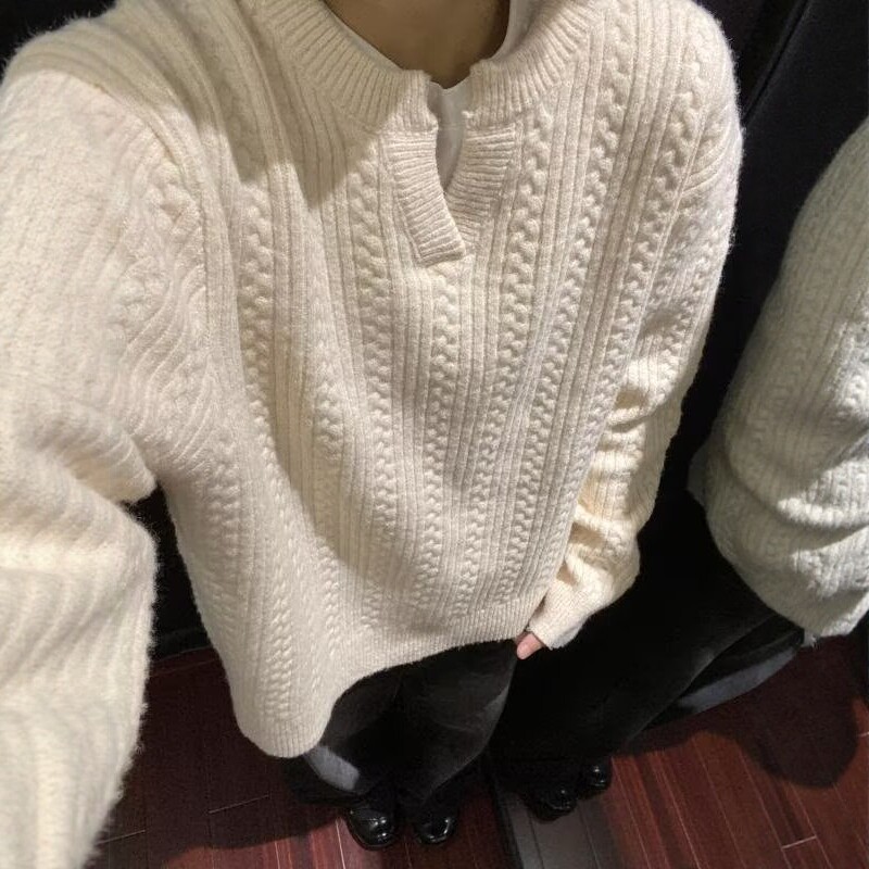 深灰色麻花毛衣男款冬季慵懒风加厚v领针织衫cleanfit打底衫外套