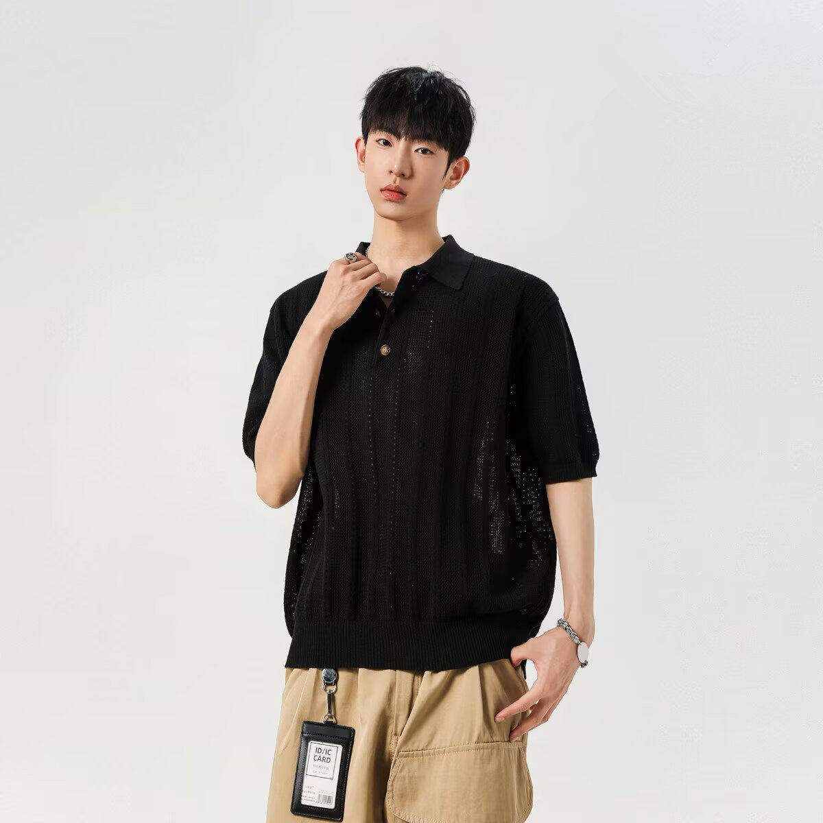 针织镂空肌理感亲肤透气短袖T恤男款夏季轻薄质感提花短袖polo衫