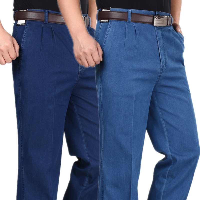 秋冬厚款中老年弹力牛仔裤男士双褶宽松爸爸高腰深裆休闲直筒男裤