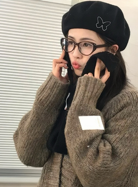 少女CEO白鹿同框橘猫框防蓝光复古茶色猫眼素颜平光眼镜女方圆脸