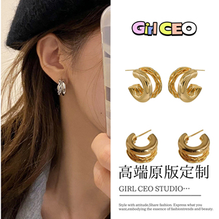 少女CEO方圆脸法式金属重工高级耳环女2024年新款耳钉设计感耳饰
