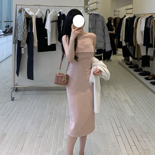 韩系气质优雅女人修身 法式 包臀一字肩抹胸连衣裙女宴会包臀长裙有