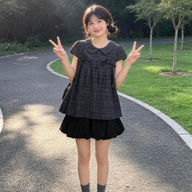 夏日小清新穿搭复古蝴蝶结系带衬衫百搭花苞短裙时尚套装潮流新款