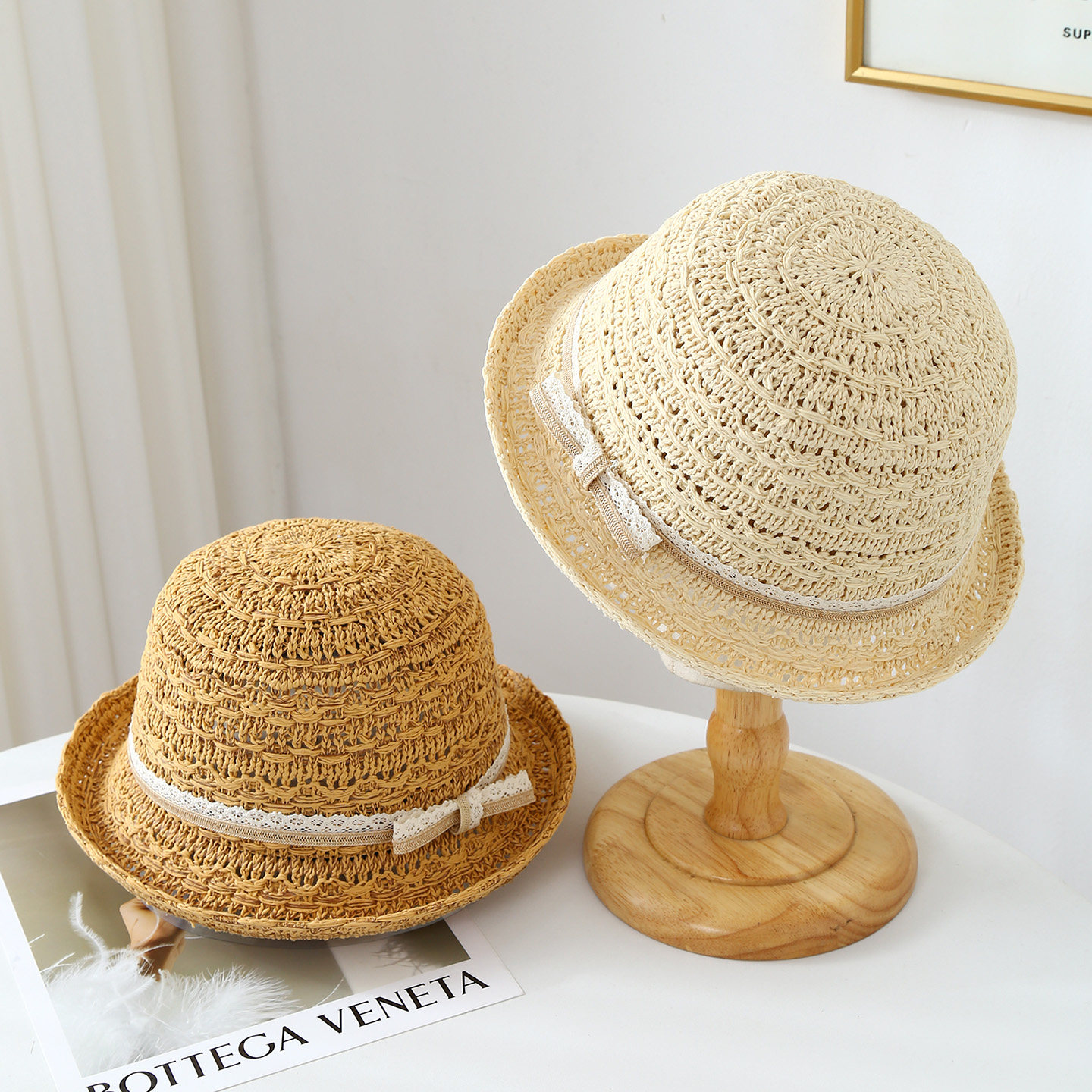 法式细花边织带蝴蝶结小礼帽女春夏休闲简约百搭时尚镂空透气盆帽