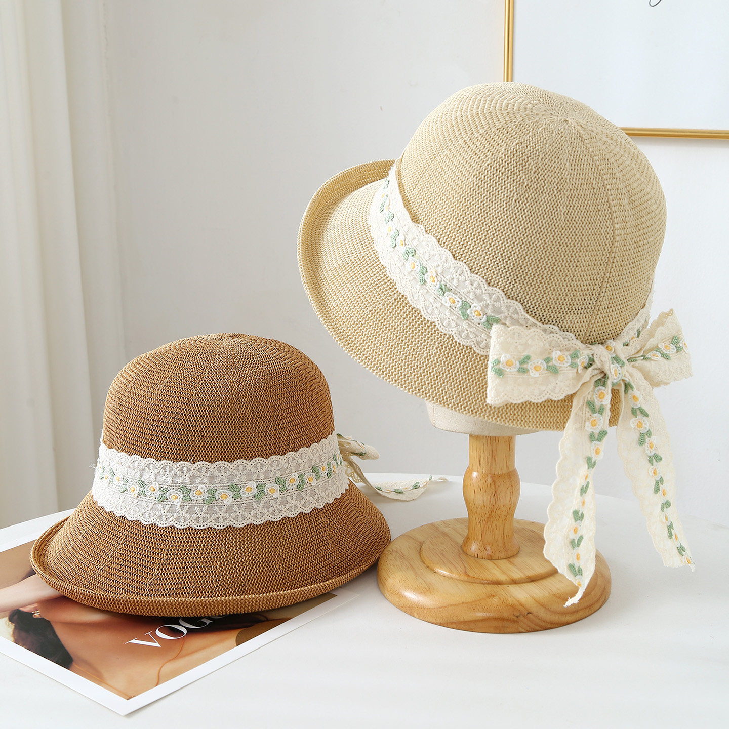 法式飘带蝴蝶结草帽女防晒遮阳帽夏季显脸小海边出游沙滩帽太阳帽
