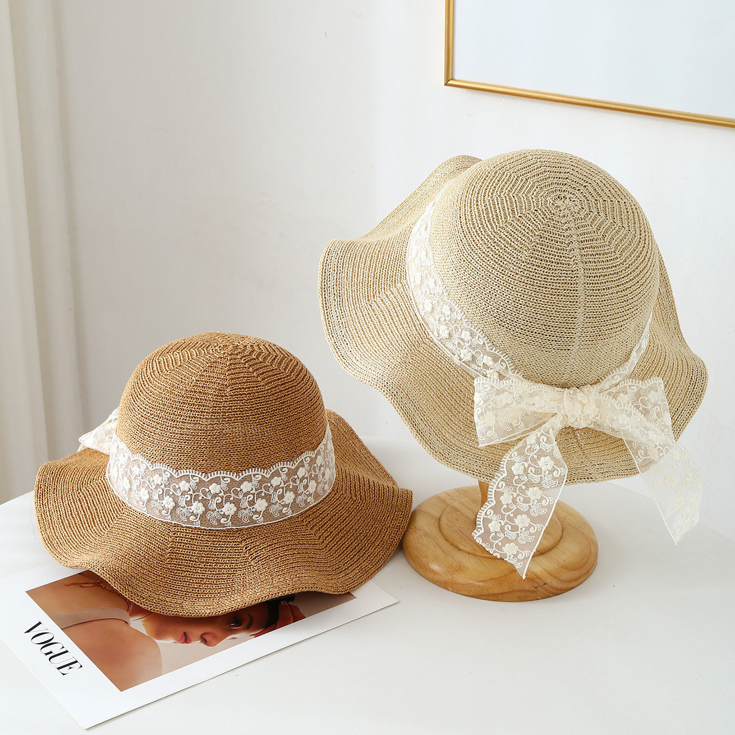 波浪边蕾丝织带针织帽女夏季透气百搭防晒渔夫帽户外出游遮阳盆帽