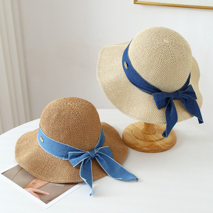 夏季新款户外海边大帽檐蝴蝶结圆顶草帽编织沙滩帽防晒遮阳帽