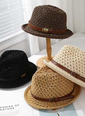 黑色皮带小礼帽粗条纸草编织草帽夏天遮阳帽男士休闲爵士帽太阳帽