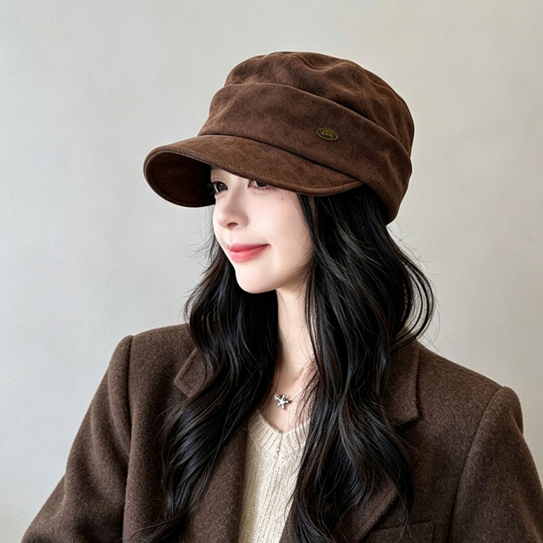 新款麂皮绒马术帽女秋冬款复古时尚百搭小标前进帽保暖平顶鸭舌帽