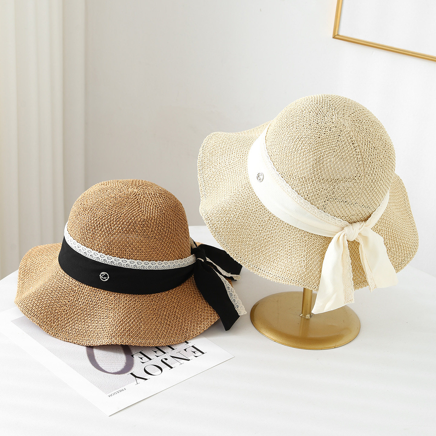 日系蝴蝶结飘带大檐草帽女夏可折叠海边沙滩帽透气遮阳防晒帽百搭