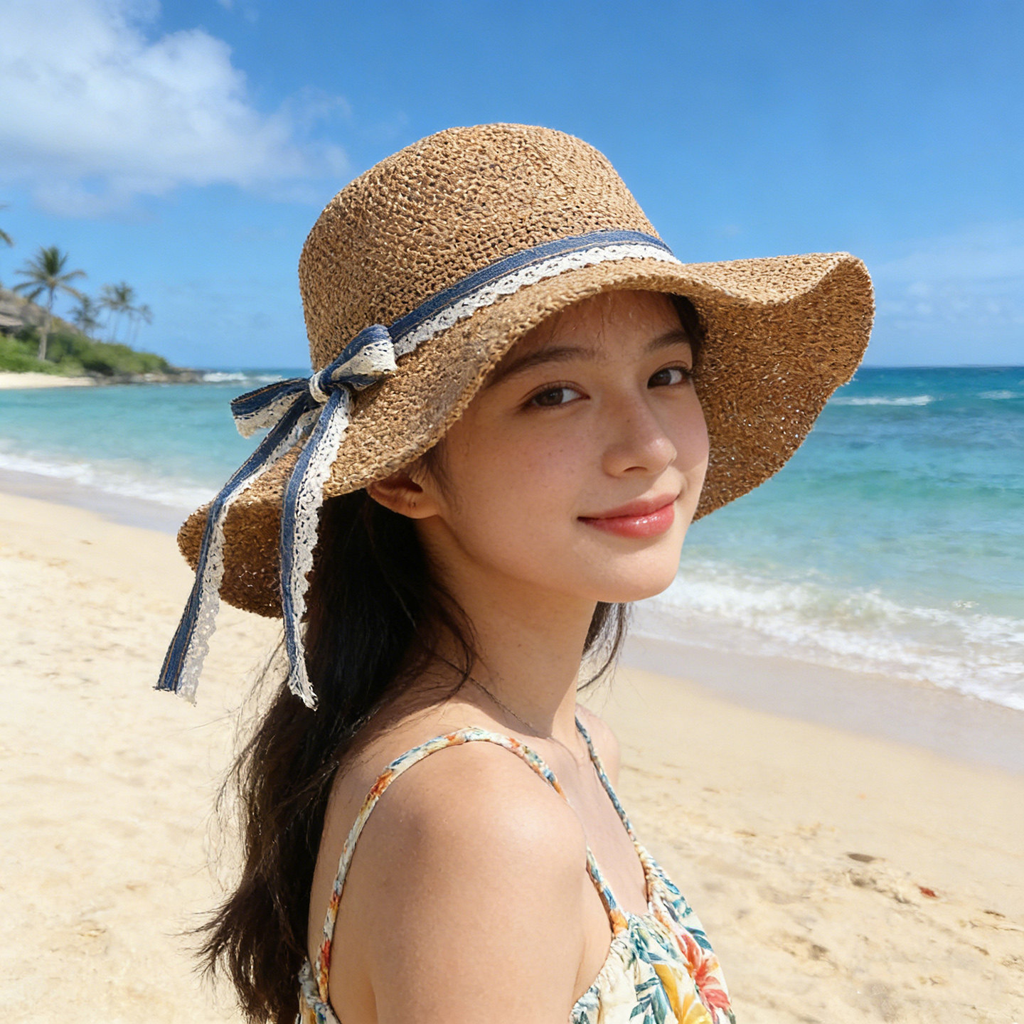 春夏女款草帽百搭圆顶大檐时尚优雅蝴蝶结渔夫帽女百搭款防晒帽