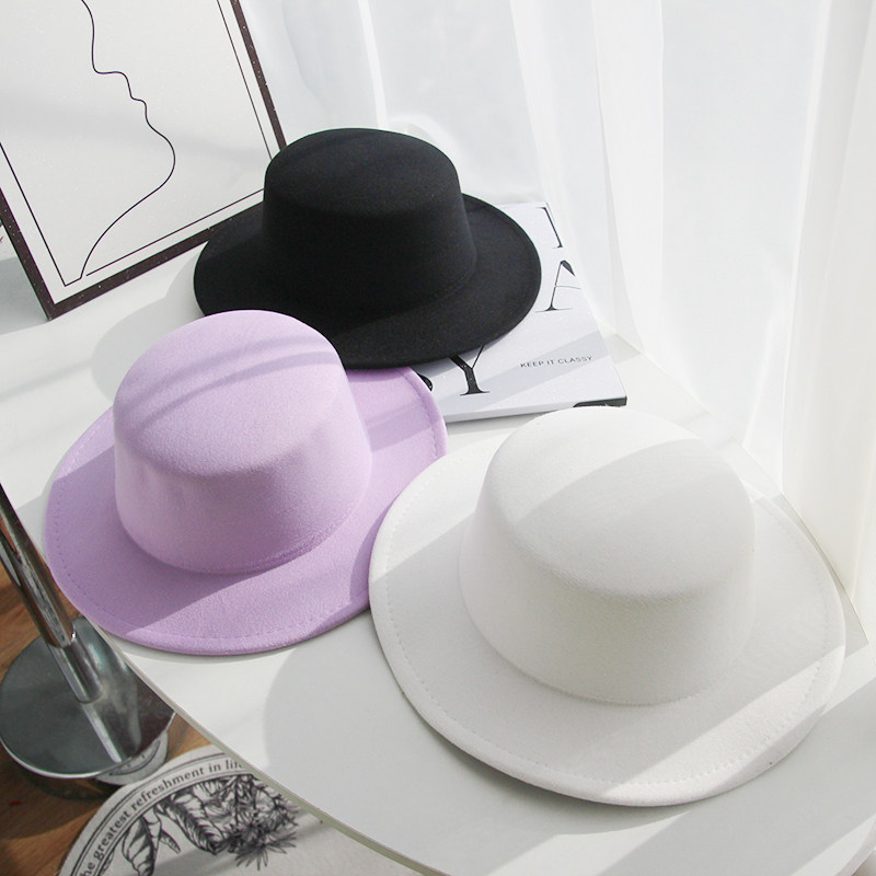 英伦复古平顶毛呢礼帽女秋冬季优雅宽檐白色爵士帽百搭平檐帽子男