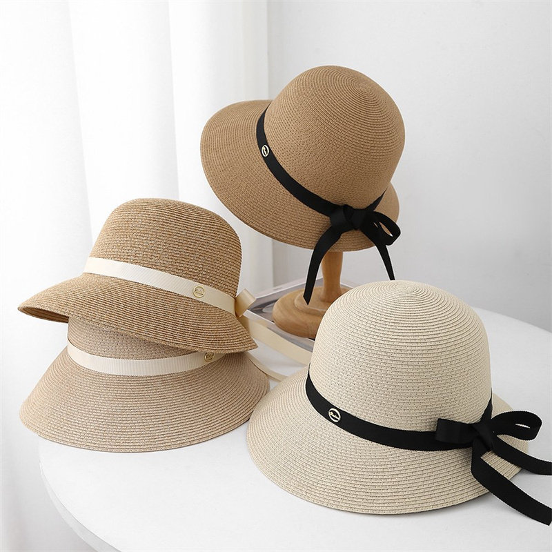 韩版夏季防晒遮阳帽日系纯色复古蝴蝶结大帽檐可折叠草帽渔夫帽