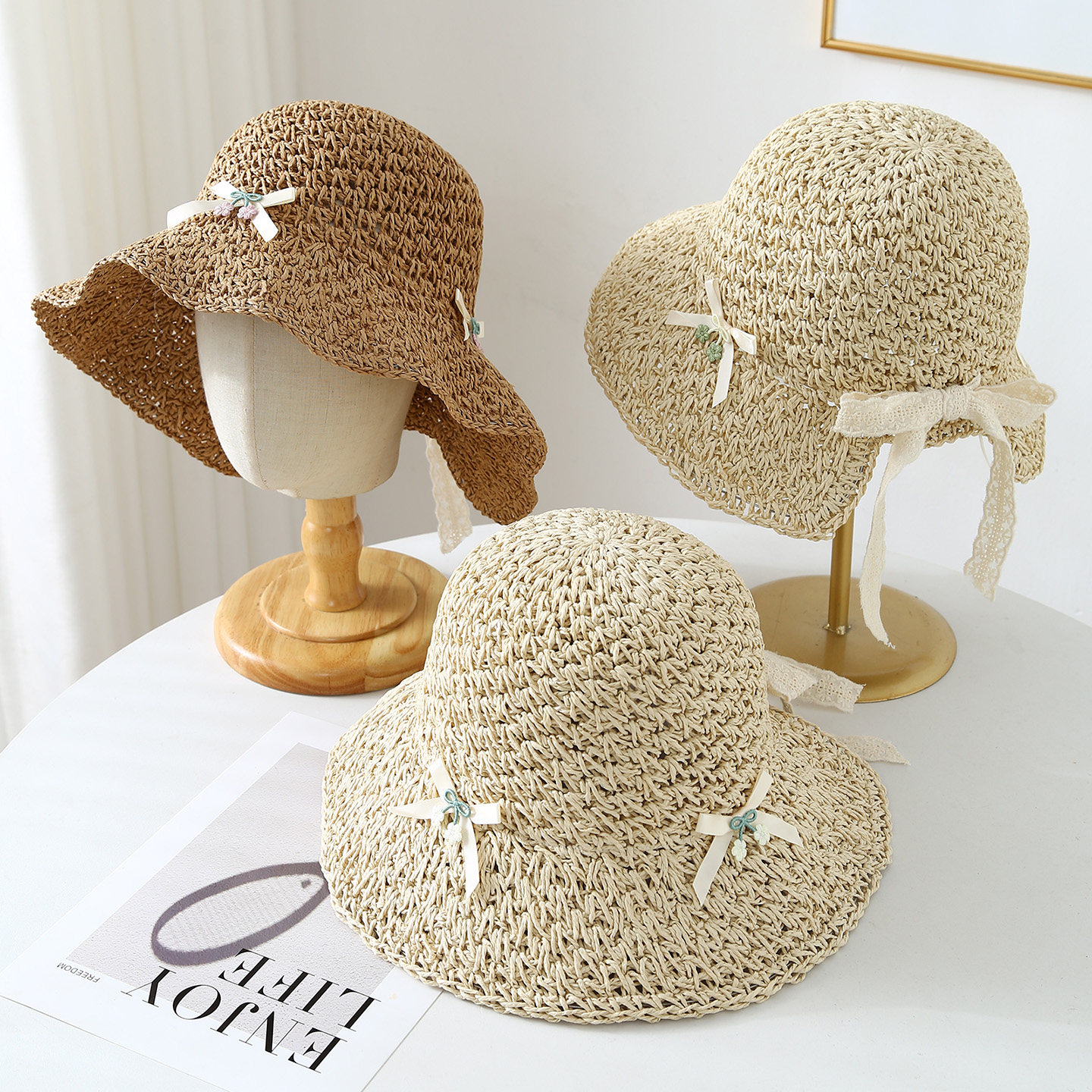 新款蝴蝶结樱桃草编帽度假海边沙滩渔夫帽女户外遮阳防晒草帽夏