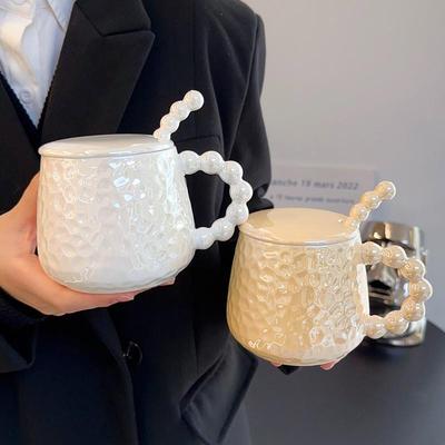 珍珠陶瓷马克杯带盖子女生手柄高颜值办公室喝水杯