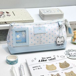 高颜值宅系波点小猫PU皮质笔袋可视窗痛包可爱学生大容量文具