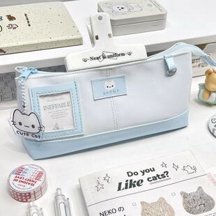 高颜值宅系小猫PU皮质笔袋可视窗痛包可爱学生大容量文具收纳袋