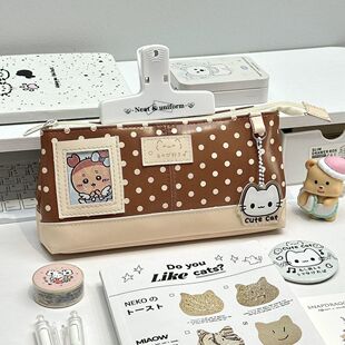 高颜值宅系棕色波点PU皮质可视窗痛包笔袋可爱学生大容量收纳袋