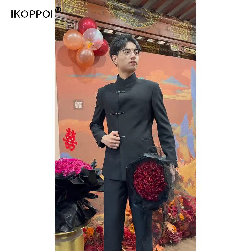 新中式西服男士春季结婚订婚立领伴郎服外套短款中山婚礼敬酒服潮
