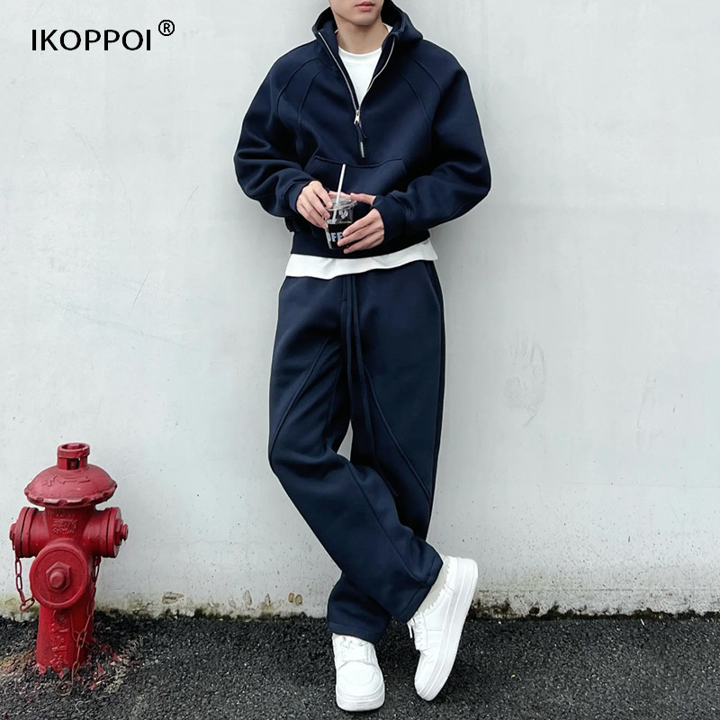 轻奢时尚运动休闲套装2025秋冬拼接纯色卫衣卫裤情侣款宽松两件套,男装,休闲运动套装,淘宝优惠券,粉丝福利购,淘宝优惠卷