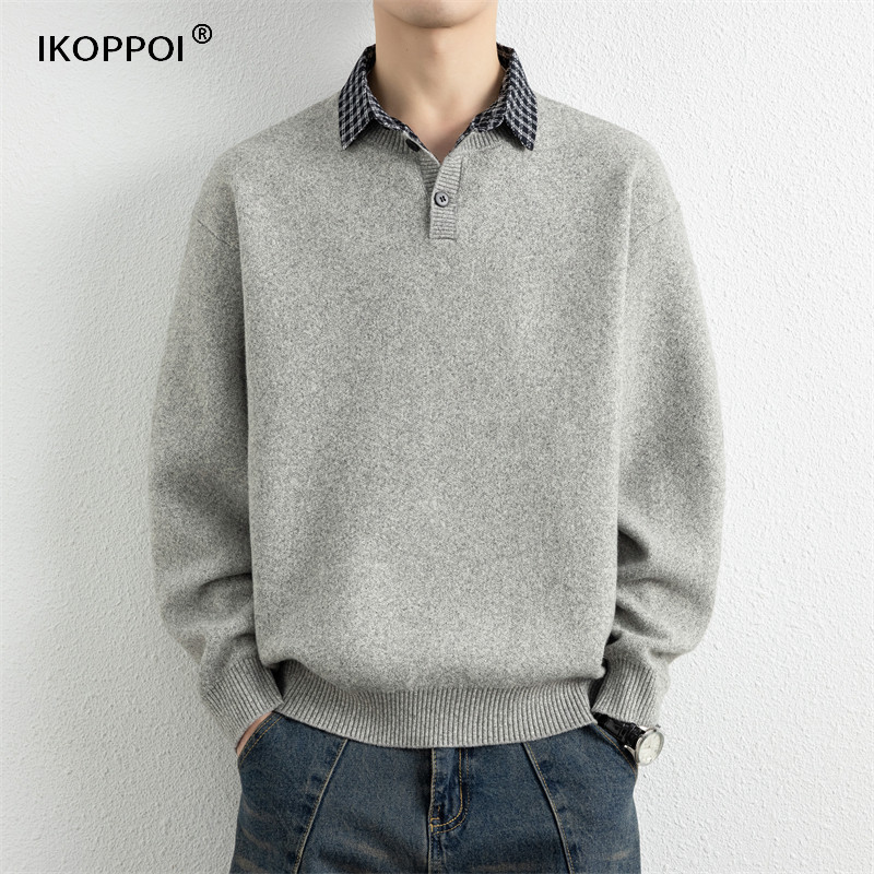 轻奢假两件衬衫领针织衫上衣男士秋冬季高级感加厚POLO领宽松毛衣