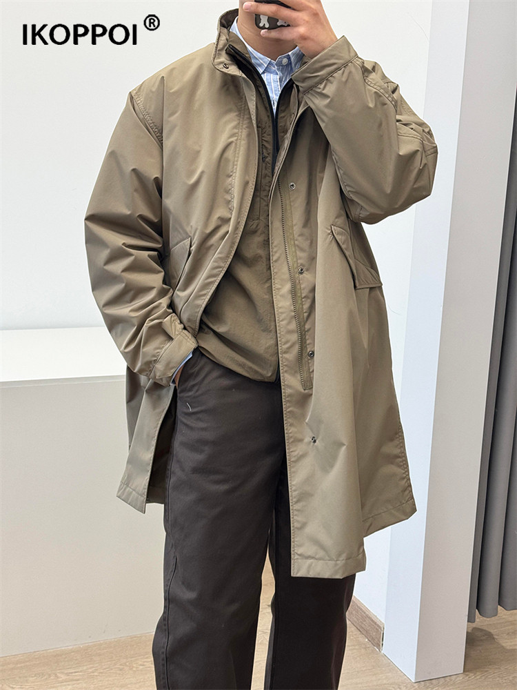 高端男士宽松廓形防风立领风衣2025春秋休闲长款大衣纯色通勤外套