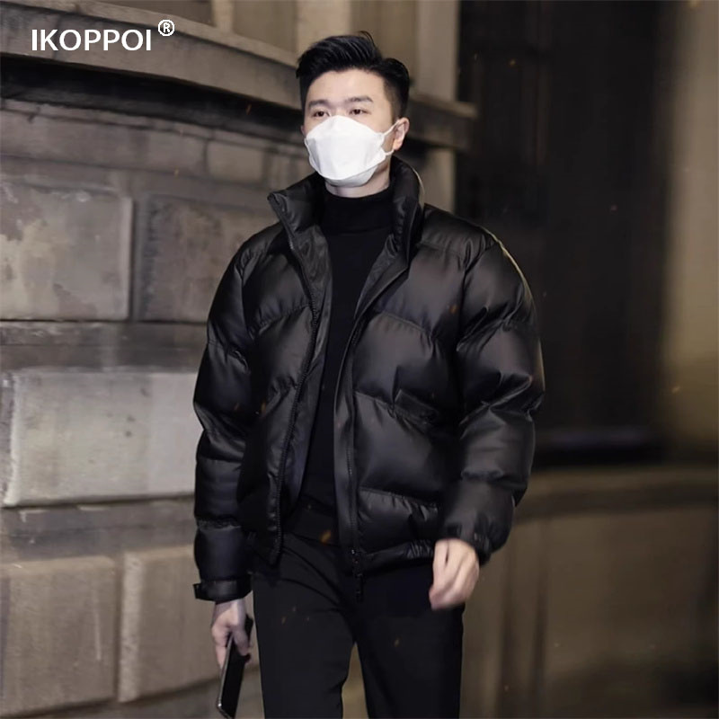PU皮立领羽绒服男士秋冬季韩版高级感百搭面包服加厚保暖痞帅外套